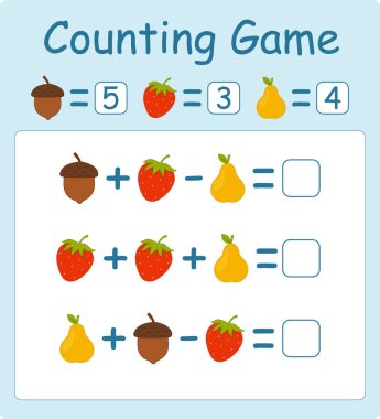 Eğitici Çocuklar oyunu. Matematik eğitimi. Toplama ve çıkarma. Anaokulu ve okul çocukları için çalışma listesi. Sayıları hesapla ve yaz. - Evet. İzole vektör illüstrasyonu.