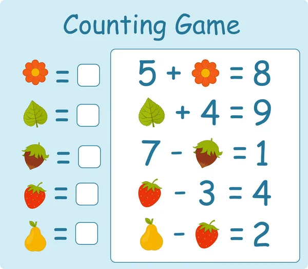 Vzdělávací Hra Pro Děti Matematické Vzdělání Sčítání Odčítání Pracovní List — Stockový vektor