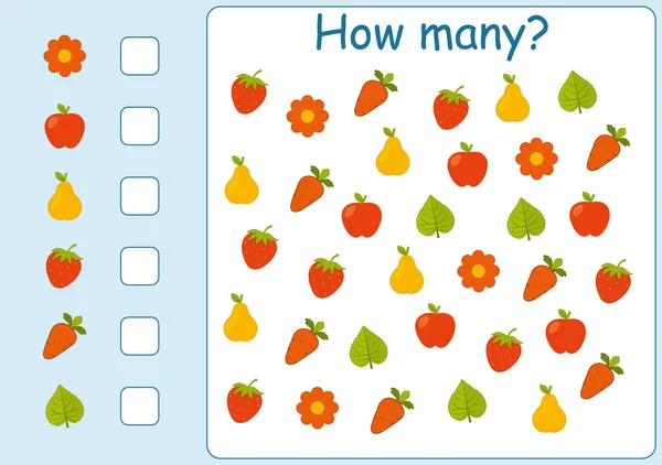  Çocuklar için casusluk oyunu oynuyorum. Kaç tane meyve ve sebze var? Çocuklar için matematik oyunu. Anaokulu öğrencileri için basılabilir çalışma kağıdı. Renkli meyve ve sebze seti. Vektör