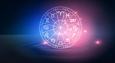 Zodiac signs inside of horoscope circle. Astrology in the sky with many stars and moons  astrology and horoscopes concept clipart