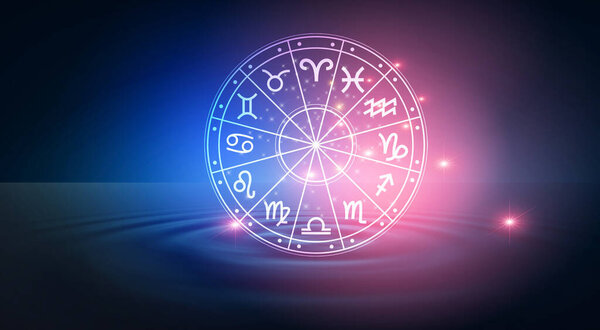 Zodiac signs inside of horoscope circle. Astrology in the sky with many stars and moons  astrology and horoscopes concept