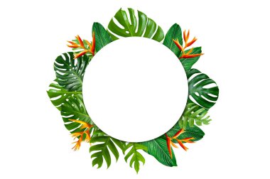 Tropical forest with leaves and flowers surrounding a white circle frame on a white background.