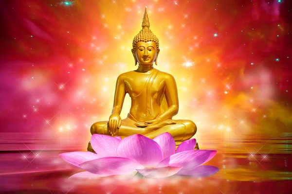 Buda Estátua Água Lótus Buda Sobre Flor Lótus Fundo Laranja — Fotografia de Stock