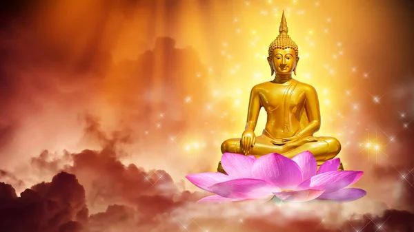 Buddha Staty Vatten Lotus Buddha Står Lotus Blomma Orange Bakgrund Royaltyfria Stockfoton