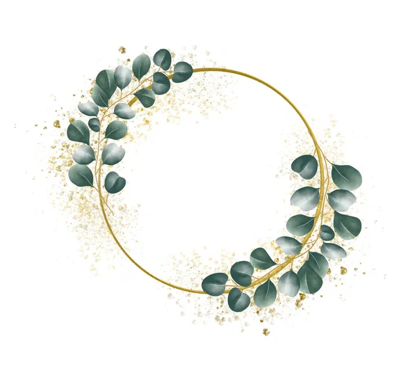 Goldener Kreisrahmen Mit Blattranken Gesägte Eukalyptusblätter Auf Einem Rahmen Auf — Stockfoto