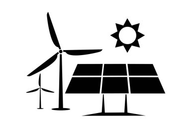 Güneş enerjisi, rüzgar enerjisi vektör simgesi. Mobil konsept ve web tasarımı için düz tabela. Güneş paneli ve rüzgar türbini simgesi. Yenilenebilir enerji sembolü, logo çizimi. Vektör grafikleri