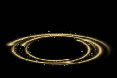 Altın Çember Işık Çerçevesi Zarif Altın Çerçeve Davetiyesi. Altın halka çerçeve parıltılı ışık parçacıkları. Parlak parlak yuvarlak çizgiler üzerinde parlak sihirli neon ışık efekti ile siyah afiş arka planında