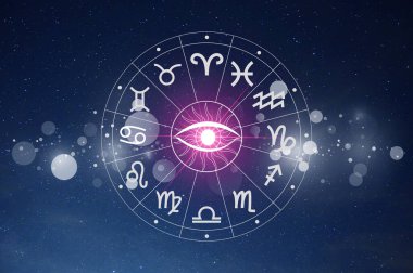 Burç işaretleri, astroloji ve burç kavramları. Burç dairesinin içinde burç işaretleri var. Astroloji gökyüzünde birçok yıldız ve ay ile astroloji ve burçlar kavramı