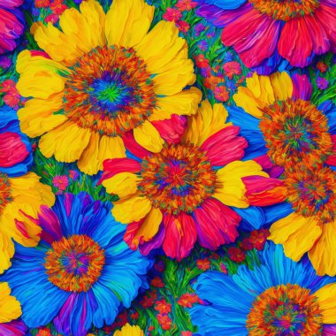 Psikedelik çiçek yağlı boya tabloları. Geçmişleri için kusursuz çiçek desenleri, duvar resimleri, ev dekorları. Daha büyük desenler yaratmak kolay. Dijital tasarım, yazdırma ortamı ve ev dekorasyonu için mükemmel.