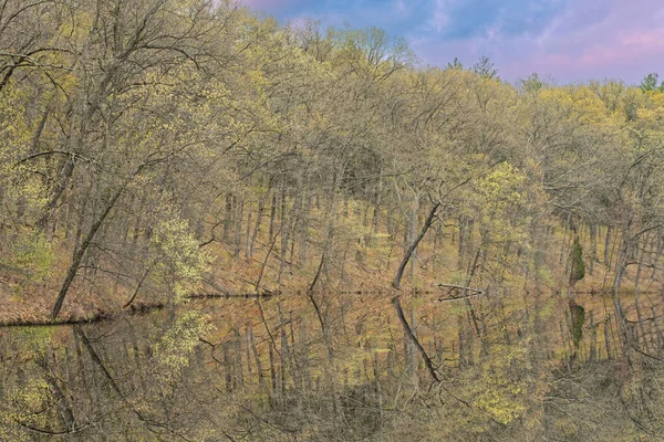 Frühlingslandschaft Morgengrauen Ufer Des Eagle Lake Mit Spiegelreflexen Ruhigem Wasser — Stockfoto