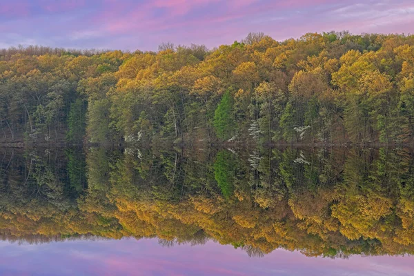 美国密歇根州卡斯特堡州立公园 鹰湖畔的春景映照在平静的水面上 樱桃树盛开 — 图库照片