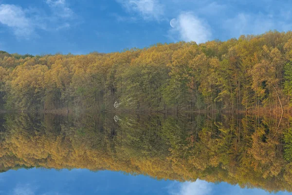 Spring Landscape Shoreline Eagle Lake Mirrored Reflections Calm Water Crescent — Stock Photo, Image