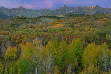 Gündoğumunda sonbahar manzarası, Dallas bölünmesi, San Juan Dağları, Colorado, ABD