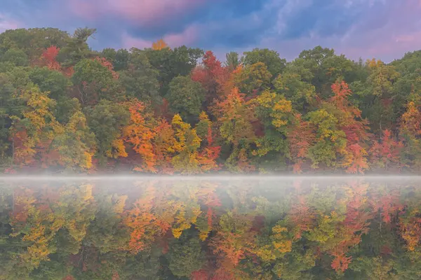 Ομιχλώδες Τοπίο Φθινόπωρο Στην Αυγή Της Ακτογραμμής Του Hall Lake — Φωτογραφία Αρχείου