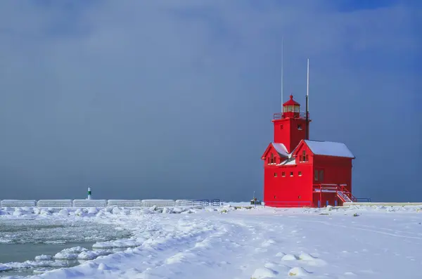 Зимний Пейзаж Маяка Холланд Большой Красный Озеро Мичиган Мичиган Сша — стоковое фото