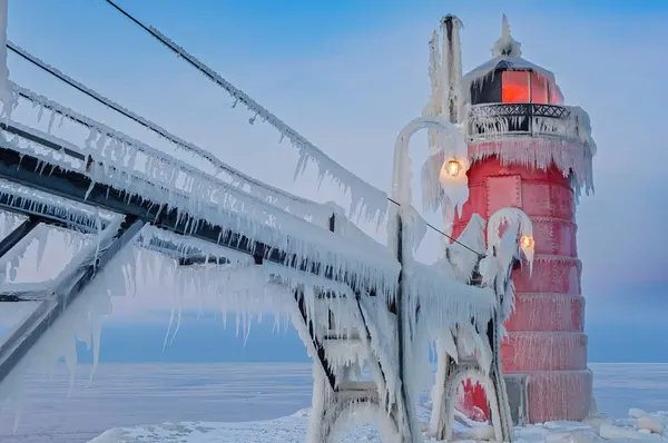 美国密歇根湖南港 密歇根州灯塔 码头和铺有冰块的人行道黎明时分的冬季风景 图库图片