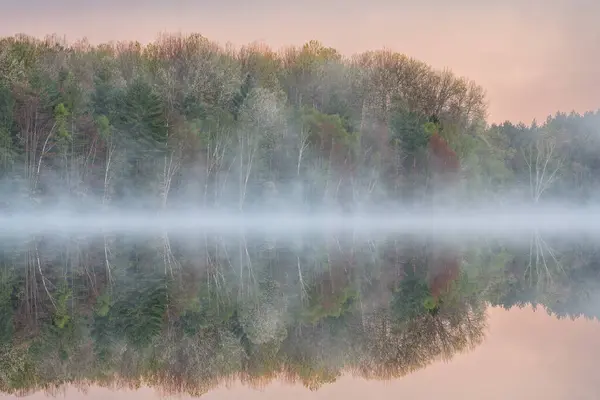 モカシン湖の夜明けの霧のような春の風景 穏やかな水の中の鏡のような反射 ヒワタナショナルフォレスト ミシガン州のアッパー半島 ストック写真