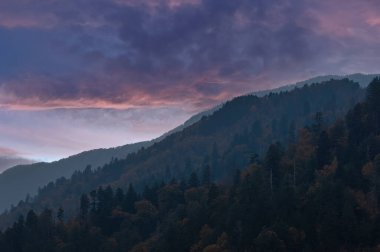 Morton Overlook 'dan günbatımında sonbahar manzarası, Great Smoky Dağları Ulusal Parkı, Tennessee, ABD