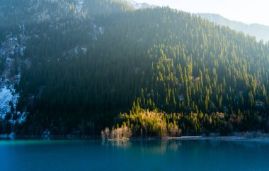 Kazakistan dağlarındaki Issyk gölünün güzel manzarası.