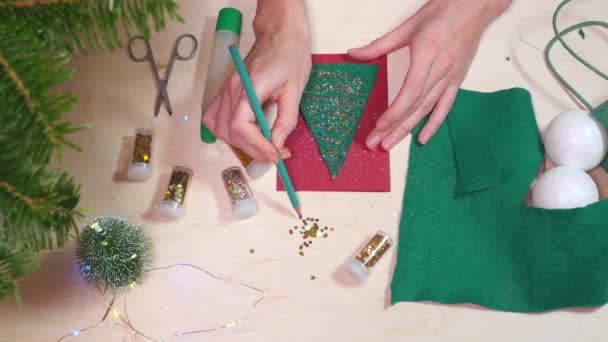Flat Lay Making Process Handmade Postcard Christmas Holidays — Stock Video