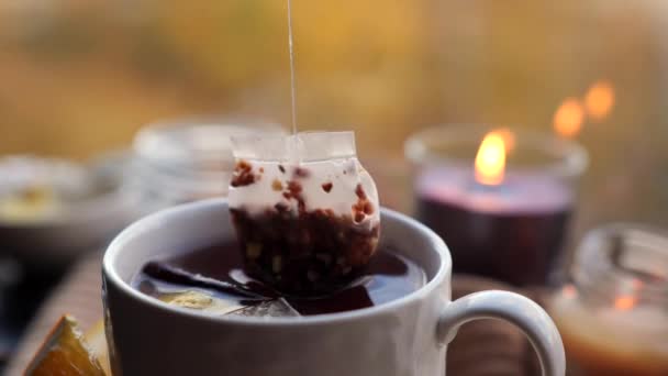 Tea Bag Dry Fruits Brewed Cup Cozy Home Autumn Background — Stock Video