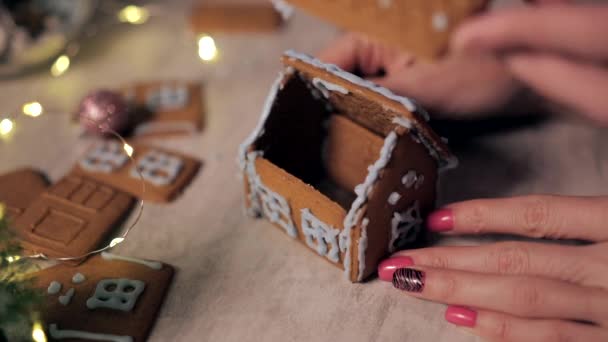 Γυναίκες Και Παιδιά Φτιάχνουν Χριστουγεννιάτικο Σπίτι Μελόψωμο Χριστουγεννιάτικα Στολίδια Χειμερινές — Αρχείο Βίντεο