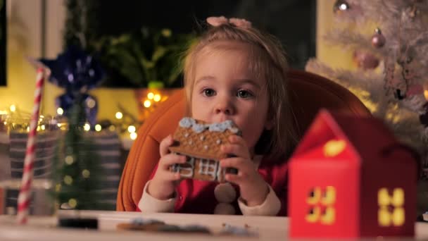 Niña Año Medio Comiendo Pan Jengibre Habitación Navidad Bellamente Decorada — Vídeos de Stock