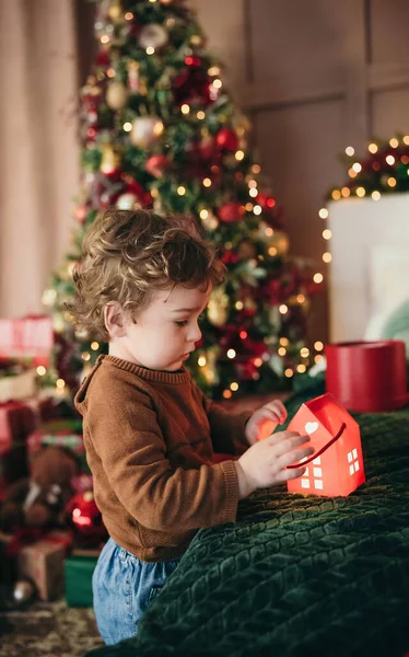 Adorable Toddler Boy Playing Red Paper Light House Cozy Christmas — Stock Photo, Image