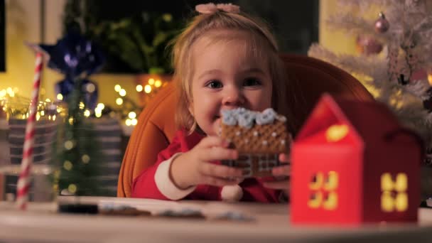 Mała Półletnia Dziewczynka Jedząca Piernikowy Domek Uśmiechnięta Patrząc Kamerę Pięknie — Wideo stockowe