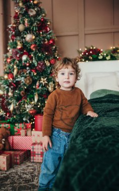 Noel ağacının yanında duran sevimli çocuk rahat bir Noel süsleme odasında kameraya bakıyor.