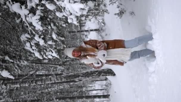 Young Beautiful Woman Warm Sheepskin Coat Hat Mittens Throw Snow — Stockvideo