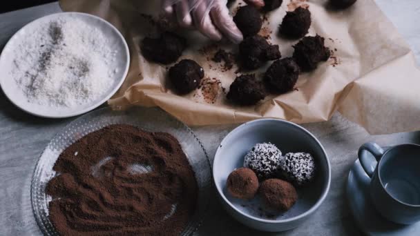 Woman Hand Kitchen Gloves Rolls Cream Cheese Dark Chocolate Balls — Vídeo de Stock