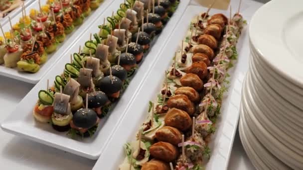 Beautifully Served Banquet Table Different Food Snacks Appetizers Corporate Wedding — Vídeo de Stock