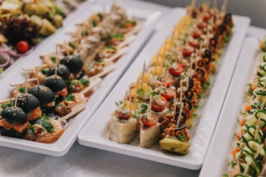 Farklı atıştırmalıklar ve aperatiflerle güzel servis edilmiş ziyafet masası. Şirket ya da düğün partisi.