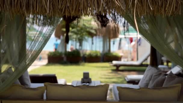Beautiful View Empty Sofa Waving Wind Curtains Summer Cafe Outdoors — Stockvideo