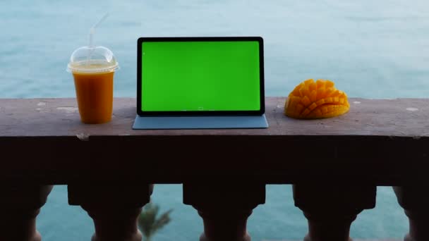 シービューとバルコニーに緑の画面でタブレット 旅行中の仕事 — ストック動画