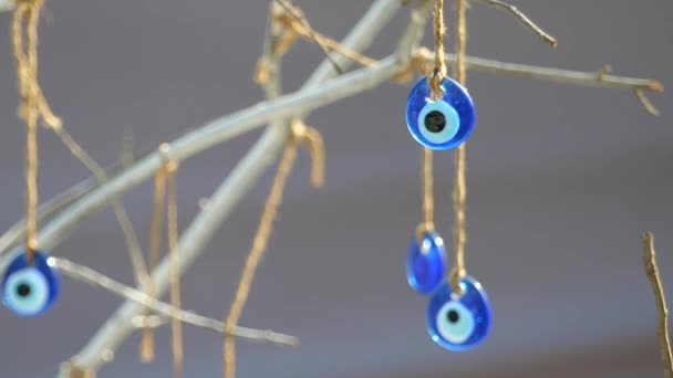 Nazar Boncuk Charm Blue Evil Eyes Hanging Tree Branch Grey — Stockvideo