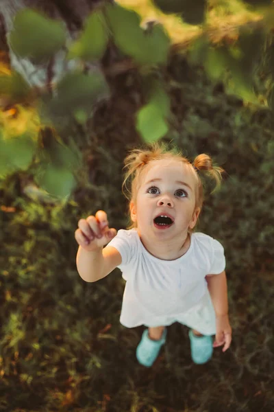 Year Old Toddler Girl Eating Ripe Black Mulberries Straight Branch — Stock Photo, Image