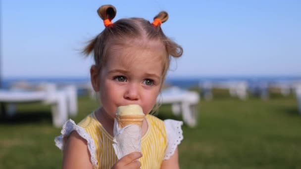 Adorable Years Old Girl Eating Ice Cream Outdoors Park Summer — Stockvideo