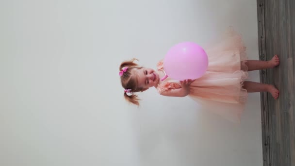 Adorable Two Years Old Birthday Girl Dress Deflating Balloon Home — Wideo stockowe