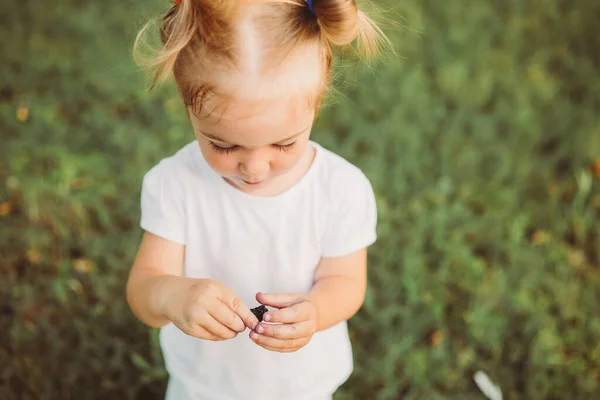 Year Old Toddler Girl Eating Ripe Black Mulberries Healthy Lifestyle — Stock Photo, Image