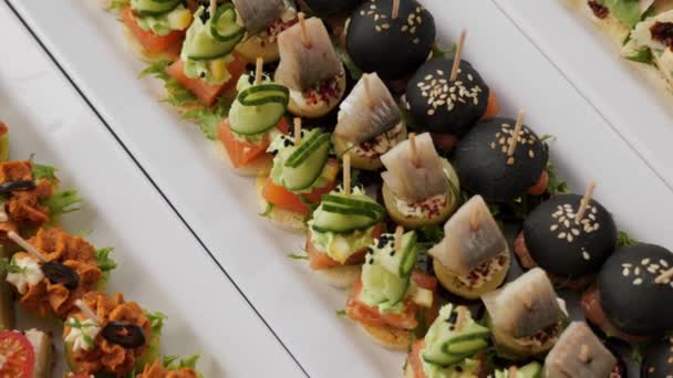 Beautifully Served Banquet Table Different Food Snacks Appetizers Corporate Wedding — Videoclip de stoc