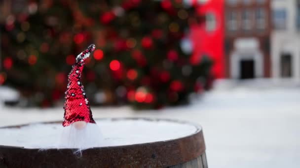 Kleiner Weihnachtszwerg Mit Rotem Paillettenhut Draußen Auf Geschmücktem Tannenbaum Hintergrund — Stockvideo