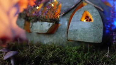 Hazır balkabağı evinin yakın görüntüsü. Güzel sonbahar balkabağı feneri. 