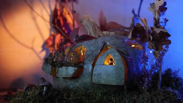 月は妖精のカボチャの家の後ろに下がり ライトはオフにします カラフルな稲妻で美しい秋のカボチャランタン — ストック動画