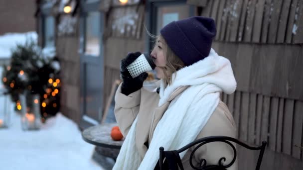 따뜻한 스카프 음료에 여자는 카페에서 커피를 크리스마스 분위기 — 비디오