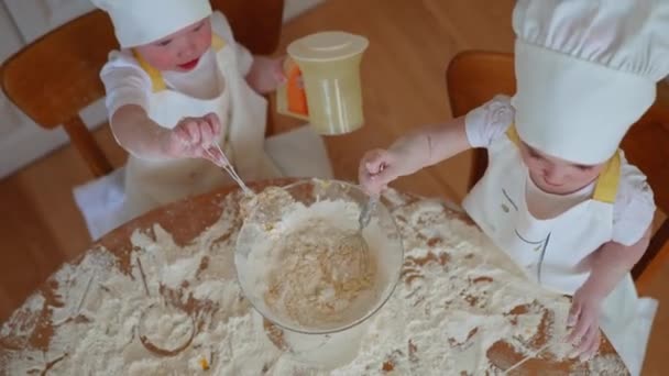 Schattige Jongen Meisje Koks Hoeden Schorten Spelen Met Bloem Keuken — Stockvideo