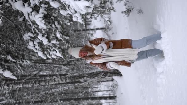 Young Beautiful Woman Warm Sheepskin Coat Hat Mittens Throw Snow — Stockvideo