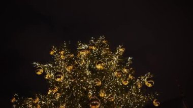 Şehir meydanındaki Noel ağacı, akşamları altın toplarla süslenir. Yılbaşı ve Noel tatili. 