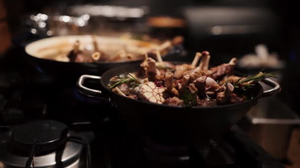 Cooking Duck Legs Garlic Rosemary Other Spices Big Pan Outdoors — Stock Video